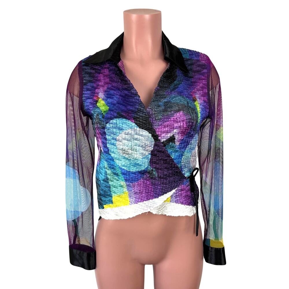 Vintage Wrap Top Pleated Sheer Multicolor Whimsy Artsy C'est Duo Lrge actual S/M